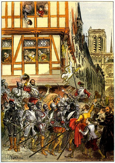 King Henri IV of France cheered by the crowd as he arrived at Notre-Dame after the surrender of Paris on March 22 by Albert Robida