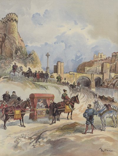 Margaret of France Visiting Her Brother, is Received at the Bridge of Toledo by Charles V by Albert Robida