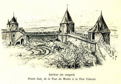 Medieval Cite de Carcassonne - Interieur des ramparts, pointe sud, de la tour du Moulin au la tour Cahuzac - location du Theatre de plein air - romantic engraving by Albert Robida in a book published at the beginning of the 20th century by Albert Robida
