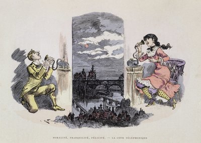 Morality, tranquility, bliss - The telephone court, caricature of Robida, 19th century by Albert Robida