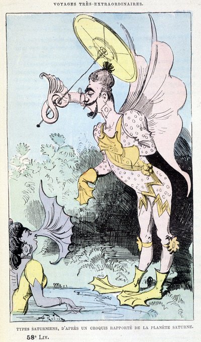 Saturnian types from a reported sketch of the planet Saturn (pseudo-anthropological grotesque monsters), parody of Jules Verne, 