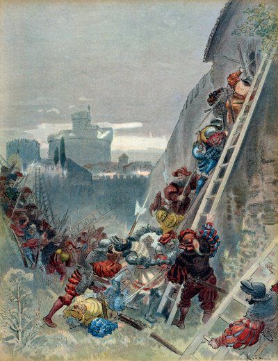 Seventh Italian War: Death of Charles III of Bourbon at the siege of Rome on 6 May 1527. Illustration by Albert Robida