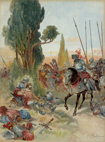 Sixth Italian War: Death of Pierre Terrail de Bayard, wounded by an arquebus strike at Rebec, in 1524, Charles de Montpensier, connetable from Bourbon, faced him. Illustration by Albert Robida