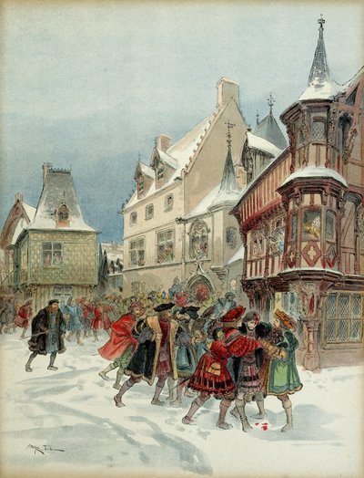 Snowball Battle in Romorantin. King Francois I wounded the assault of Saint Pol residence on January 6 by Albert Robida