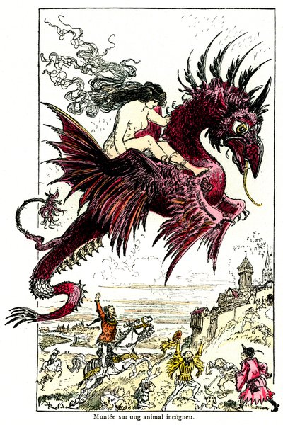 Succubus: female demon riding a dragon - illustration by Albert Robida for the Drolatic Tales by Honore de Balzac - beginning 20th century by Albert Robida