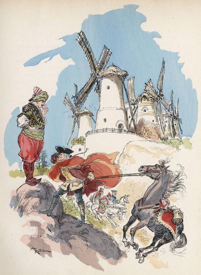 The Baron de Munchausen just crossed the Egyptian border is caught in a storm provoked by a big figure to make the 7 mills run. Illustration by Albert Robida - in 