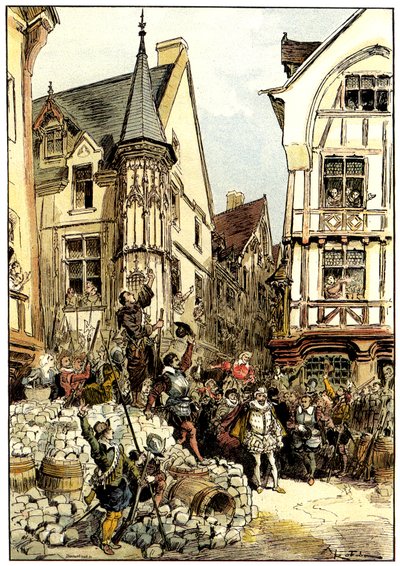 The Duc de Guise Cheered by the Crowd and Soldiers of the Gardes Françaises Regiment in Paris on Barricade Day by Albert Robida