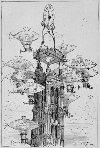 The aerocabs station of the St. James Tower by Robida by Albert Robida