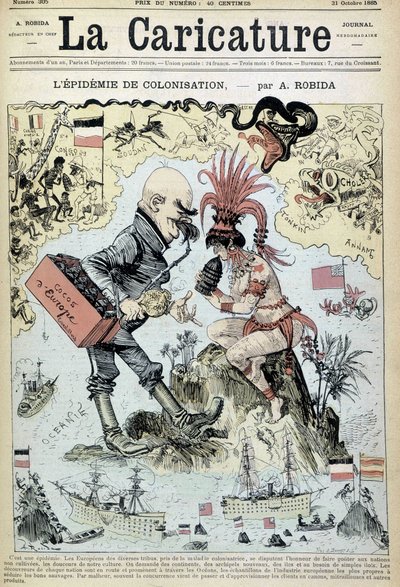 The colonization epidemic: anti-colonialist drawing by Robida - in La Caricature of 31/10/1885 by Albert Robida