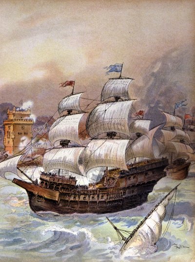 The fleet of Jean Ango blocks the Tagus and threatens Lisbon by Albert Robida