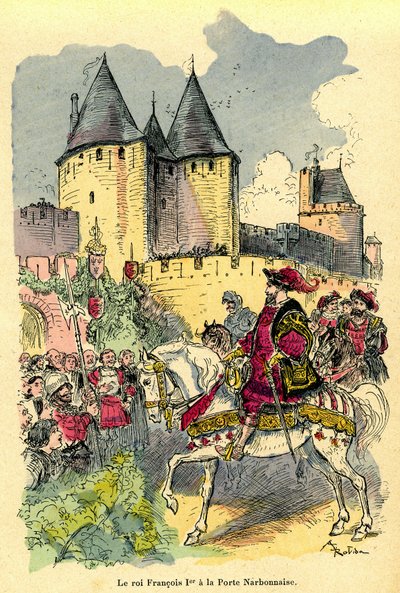 The king of France Francois 1st arriving on horseback in front of the Cite de Carcassonne, Porte Narbonnaise. Illustration by Albert Robida: frontispiece of the book “Le tresor de Carcassonne” first edition H. Laurens 1921 by Albert Robida
