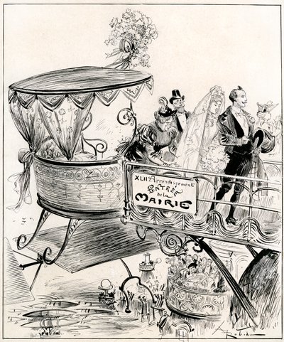 Wedding of the future: a couple arrive in a gondola and enter the aerial entrance to the town hall in the 42nd arrondissement of Paris by Albert Robida