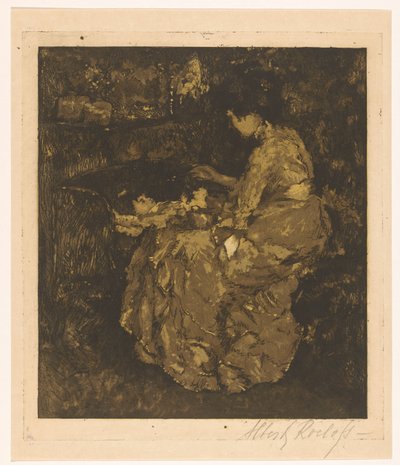 Woman Feeding a Child in a Cradle by Albert Roelofs (signed by artist)