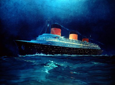 French Liner Normandy During Night Crossing by Albert Sébille