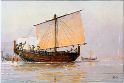 Phoenician Trade Ship arriving at Pharos by Albert Sébille