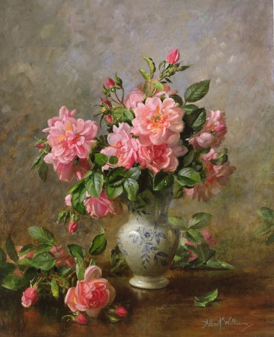 Roses in a Blue and White Vase by Albert Williams
