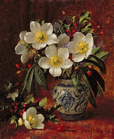 Still Life of Christmas Roses and Holly by Albert Williams