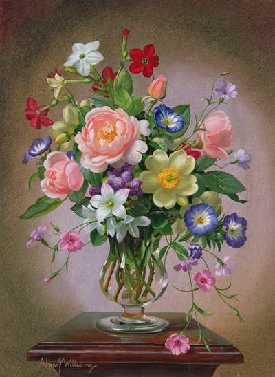 Roses, Peonies and Freesias in a Glass Vase by Albert Williams