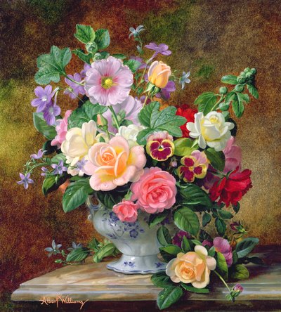 Roses, pansies and other flowers in a vase by Albert Williams