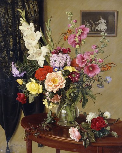 Still Life with Gladioli, Roses and Hollyhocks before an Embroidered Curtain by Albert Williams