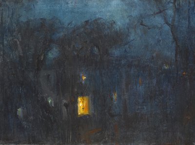 House at night with a single window lit by Albert de Belleroche
