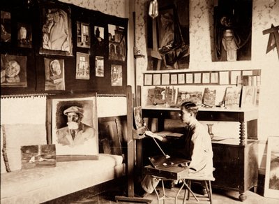 The artist Guglielmo Ghini in his studio, Ponte a Vingone, Scandicci, Florence, 09/1920 by Alberto Fierli
