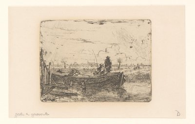 Polder Landscape with Two Men on a Boat by Albertus Brondgeest