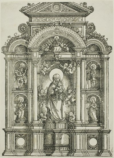 Altarpiece with the Beautiful Virgin of Regensburg and Saints Christopher, Mary Magdalen, Florian and Catherine Standing in Niches, with God the Father Above by Albrecht Altdorfer