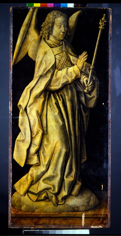 Formerly the Wings of a Triptych, a Pair, Female Figures Personifying Wisdom and Generosity, with the Annunciation (detail) by Albrecht Bouts