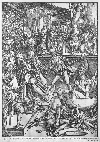 Scene from the Apocalypse, The martyrdom of St. John the Evangelist, Latin edition, 1511 by Albrecht Dürer