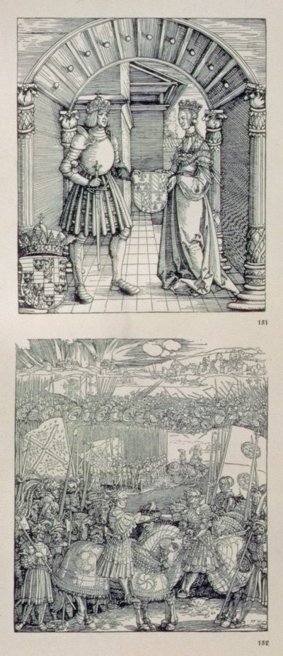 The Triumphal Arch of Emperor Maximilian I of Germany: detail showing two panels placed above the left-hand portal depicting Maximilian I and his first wife Mary of Burgundy by Albrecht Dürer