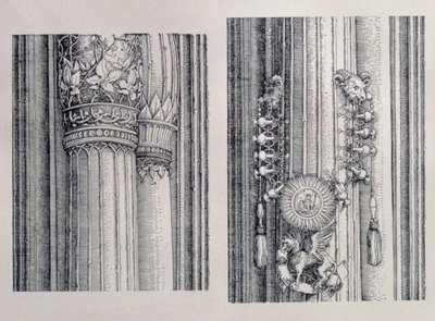 The Triumphal Arch of Emperor Maximilian I of Germany: two details of the central Gates of Honour and Power showing left-hand column and capital embellishments, dated 1515, pub. 1517-18 by Albrecht Dürer