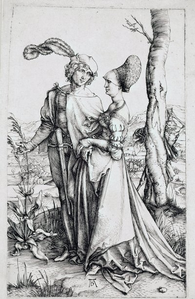 A couple walking, watched by Death hidden behind a tree, holding an hourglass. Engraving by Albrecht Durer (1496-1498). Berlin, engraving cabinet by Albrecht Dürer
