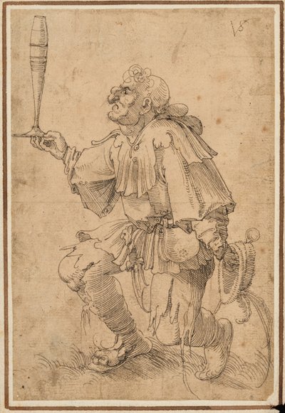 A grotesque man kneeling, holding a tall beer glass at its base by Albrecht Dürer