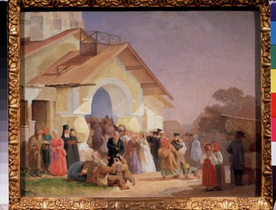 Coming out of a Church in Pskov by Aleksandr Ivanovich Morozov