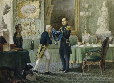 Emperor Nicholas I Awards the Blue Riband of the Order of St. Andrew to Count Michail Speransky, 1880 by Aleksei Danilovich Kivshenko
