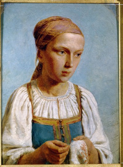 Embroidery Country Girl by Aleksei Gavrilovich Venetsianov