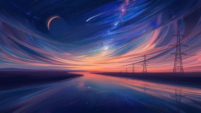 Twilight River Power Lines by Alena Aenami