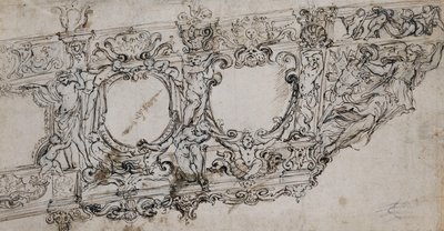 Design for the Prow of the Gallery of Pope Urban VIII with the Barberini Arms of Bees and Sun, Ignudi, Tritons, Hippocamps, Putti and an Allegory of Victory as the Figurehead Below the Letters VRBA In by Alessandro Algardi