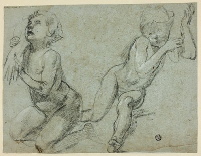 Sketches of Two Putti, One Holding Hand of Dead Christ (recto); Torso and Legs of Kneeling Figure (verso) by Alessandro Casolani
