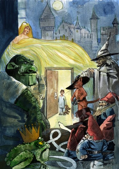 A child staring at the characters of fairy tales like Puss in Boots, a princess, and a toad, Seven Dwarfs by Alessandro Lonati