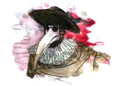 A plague doctor wearing a beak-like mask filled with aromatic items by Alessandro Lonati