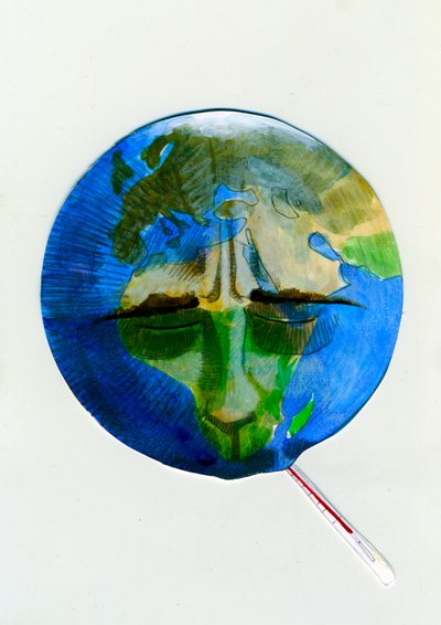 Allegorical Representation of Earth, Thermometer in Mouth, Because of Damages Caused by Humans by Alessandro Lonati