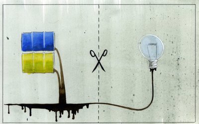 Allegorical representation of clean energy and fossil fuels by Alessandro Lonati