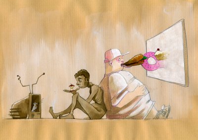 Allegory of Consumer Society: Obese Young Man Eating Fast Food in Front of a Giant Screen by Alessandro Lonati