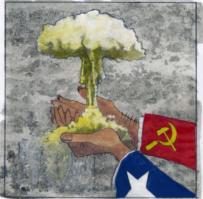 Allegorical representation of the Cold War as American and Soviet hands holding the atomic cloud by Alessandro Lonati