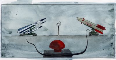 Allegorical Representation of the Cold War with the Big Red Button Connected to Missiles of America and Soviet Union by Alessandro Lonati