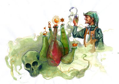 Alchemist in His Laboratory Surrounded by Vials and Stills by Alessandro Lonati