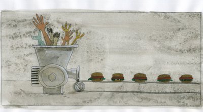 Consumer society: production of junk food, hamburger made with human and animal remains by Alessandro Lonati