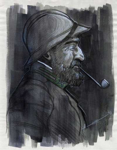 First World War 1914-1918: Profile portrait of a soldier of the Italian army smoking a pipe in 1915 by Alessandro Lonati